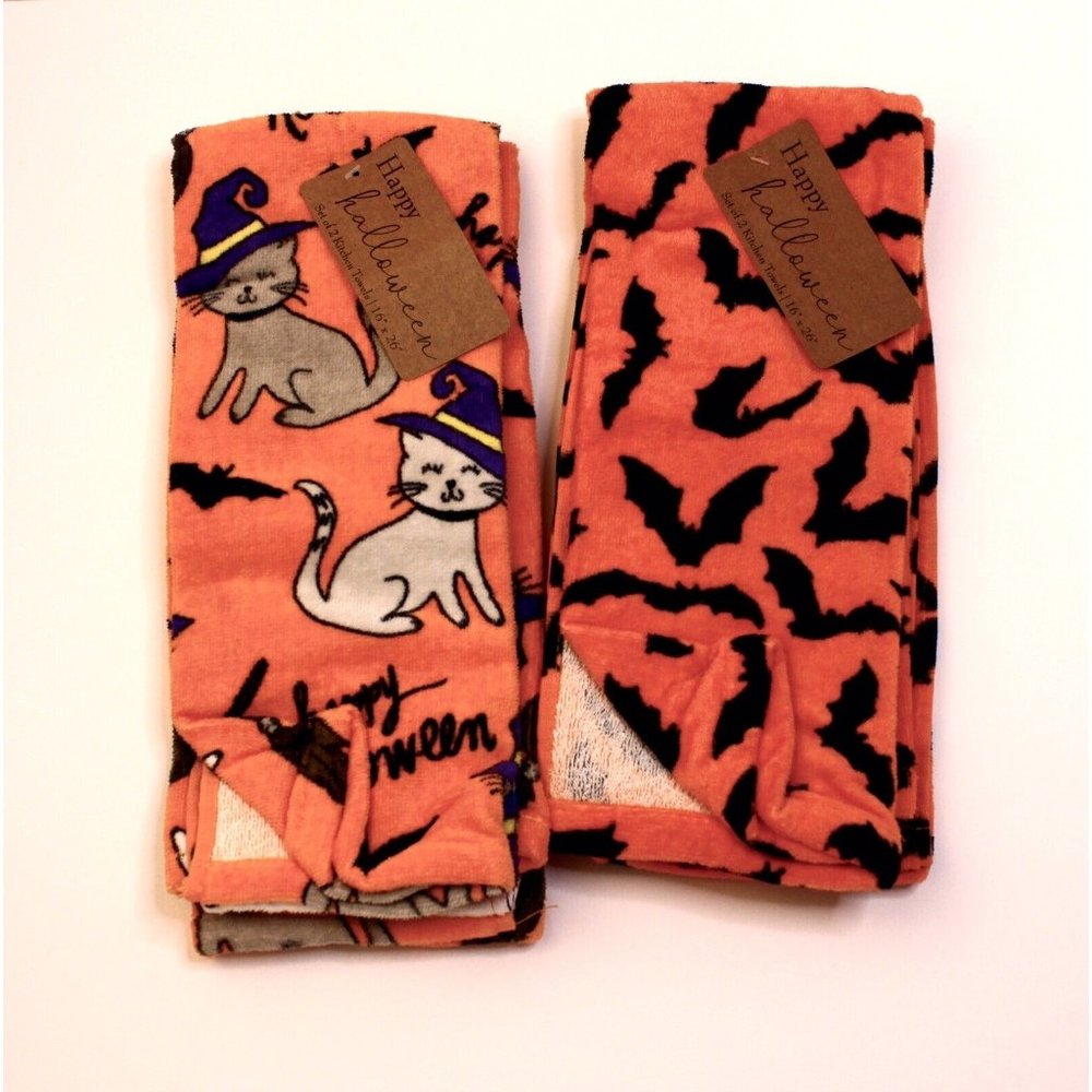 2 Sets Kitchen Towels  Happy Halloween 2-Flying Bats & 2 Kitties & Bats